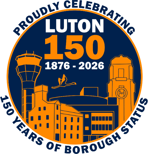 Luton 150 Years Logo_Blue Celebrating 150 Years of Luton Borough Council